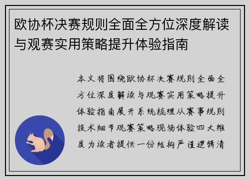 欧协杯决赛规则全面全方位深度解读与观赛实用策略提升体验指南